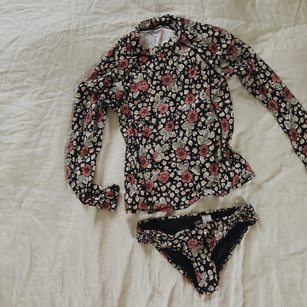Vintage Floral Print Mockneck Swim Rashguard Top & Bikini Bottoms S M